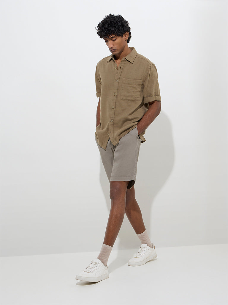 WES Casuals Khaki Solid Relaxed-Fit Cotton Shirt - Image 4