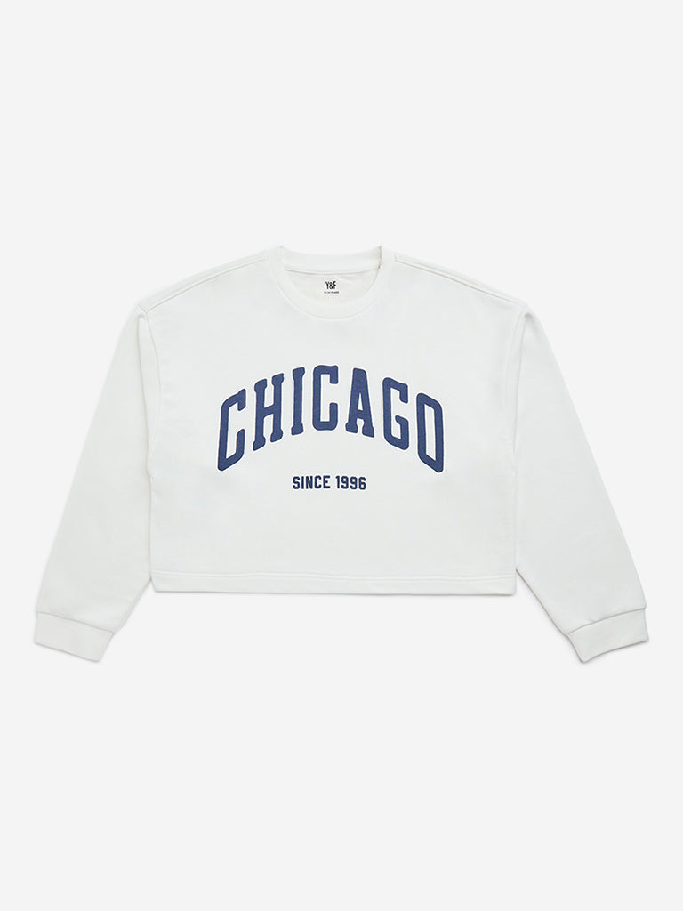 Y&F Kids White Text Patterned Cotton-Blend Sweatshirt