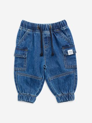 HOP Baby Blue Cargo-Style Mid-Rise Denim Joggers