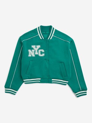 Y&F Kids Green Text Design Cotton-Blend Varsity Jacket