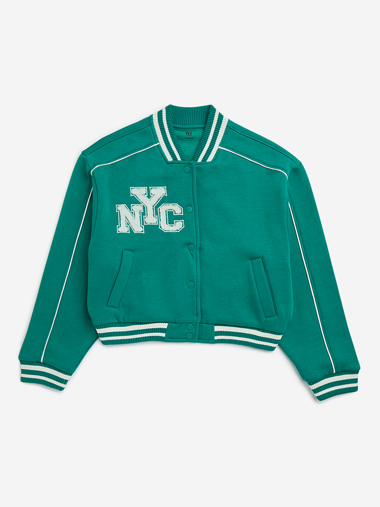 Y&F Kids Green Text Design Cotton-Blend Varsity Jacket