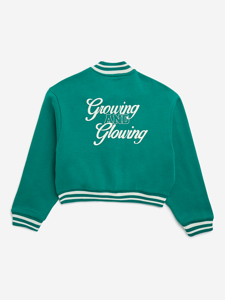 Y&F Kids Green Text Design Cotton-Blend Varsity Jacket - Image 3