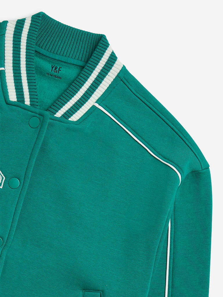 Y&F Kids Green Text Design Cotton-Blend Varsity Jacket - Image 4
