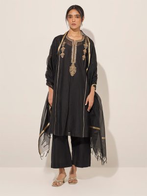 Vark Black A-Line Kurta. Inner. Pants and Dupatta Set