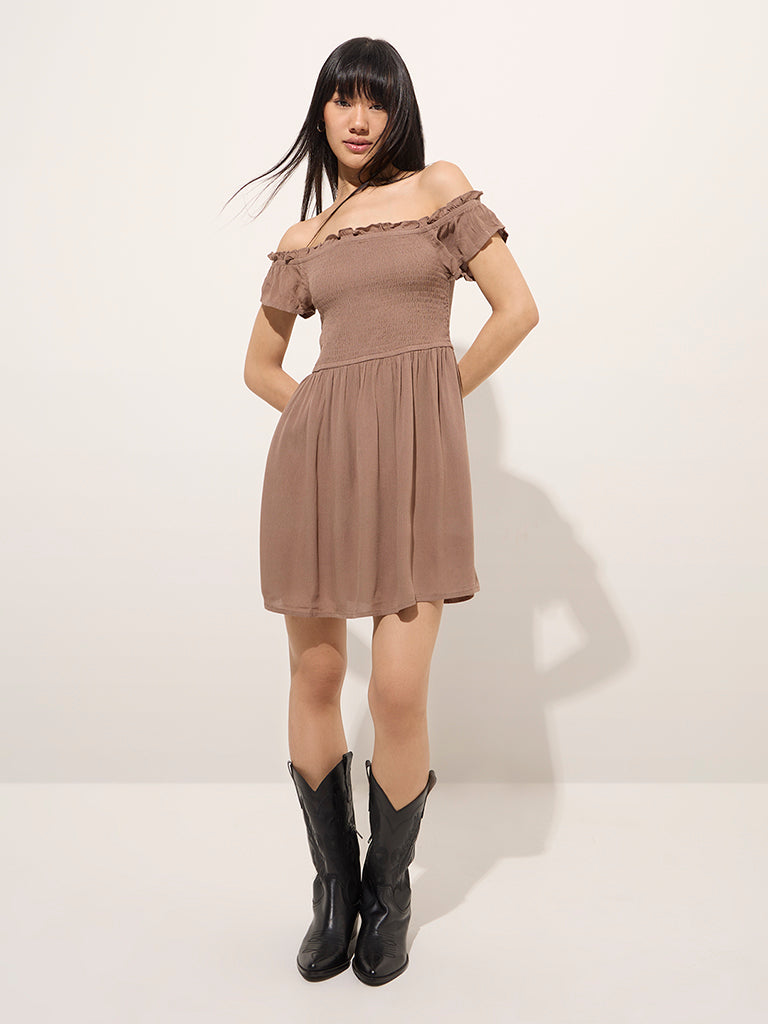 Nuon Brown Crinkle-Textured A-Line Dress