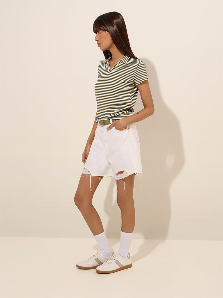 Nuon Olive Striped Ribbed-Textured Cotton-Blend T-Shirt - Image 3