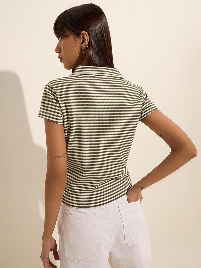 Nuon Olive Striped Ribbed-Textured Cotton-Blend T-Shirt - Image 4