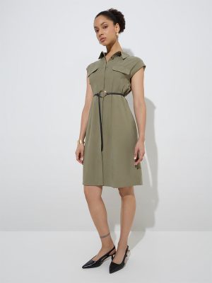 Wardrobe Olive Shirt Dress with Belt