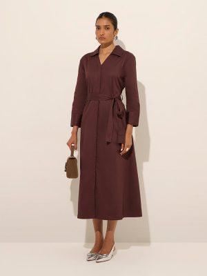 Wardrobe Brown Cotton A-Line Belted Shirt Dress with Belt