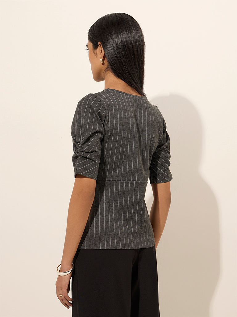 Wardrobe Grey Striped Wrap-Style Top - Image 4