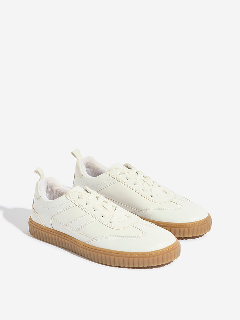 Yellow White Stitched Lace-Up Sneakers - Image 2