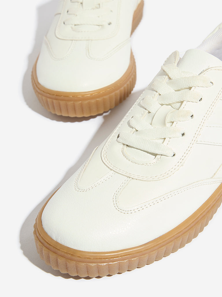 Yellow White Stitched Lace-Up Sneakers - Image 3