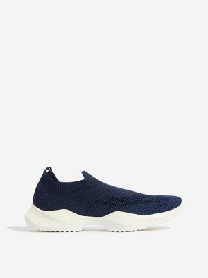 Yellow Navy Knit-Textured Slip-On Shoes