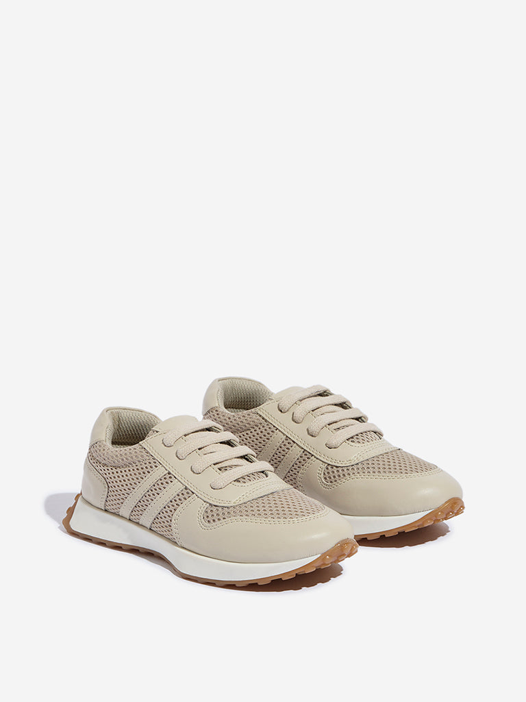 Yellow Beige Mesh Detailed Lace-Up Sneakers - Image 2