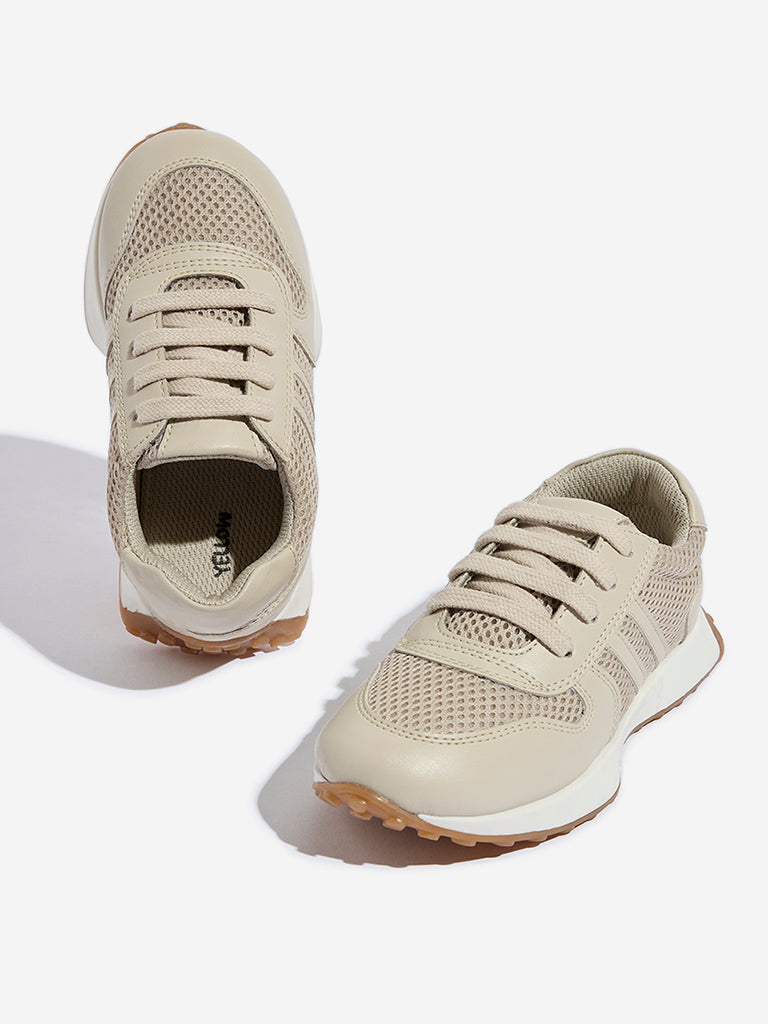 Yellow Beige Mesh Detailed Lace-Up Sneakers - Image 3