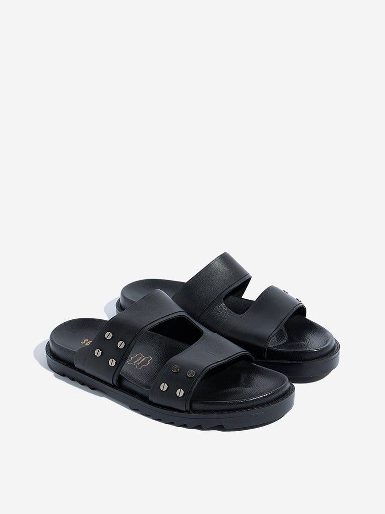 SOLEPLAY Black Leather Stud-Detailed Platform Slides - Image 2