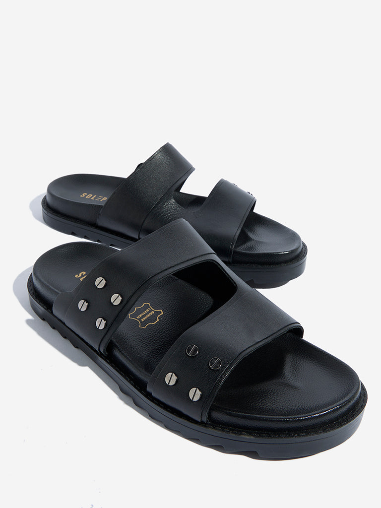 SOLEPLAY Black Leather Stud-Detailed Platform Slides - Image 3