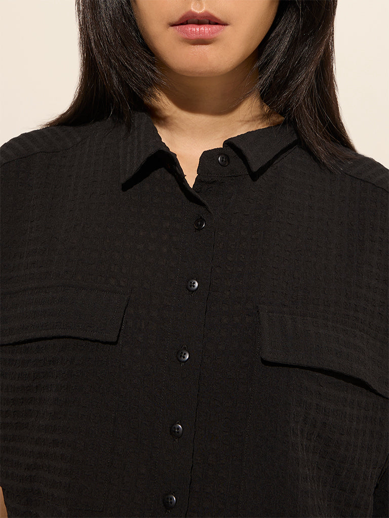 Nuon Black Waffle-Textured Crop Shirt - Image 2