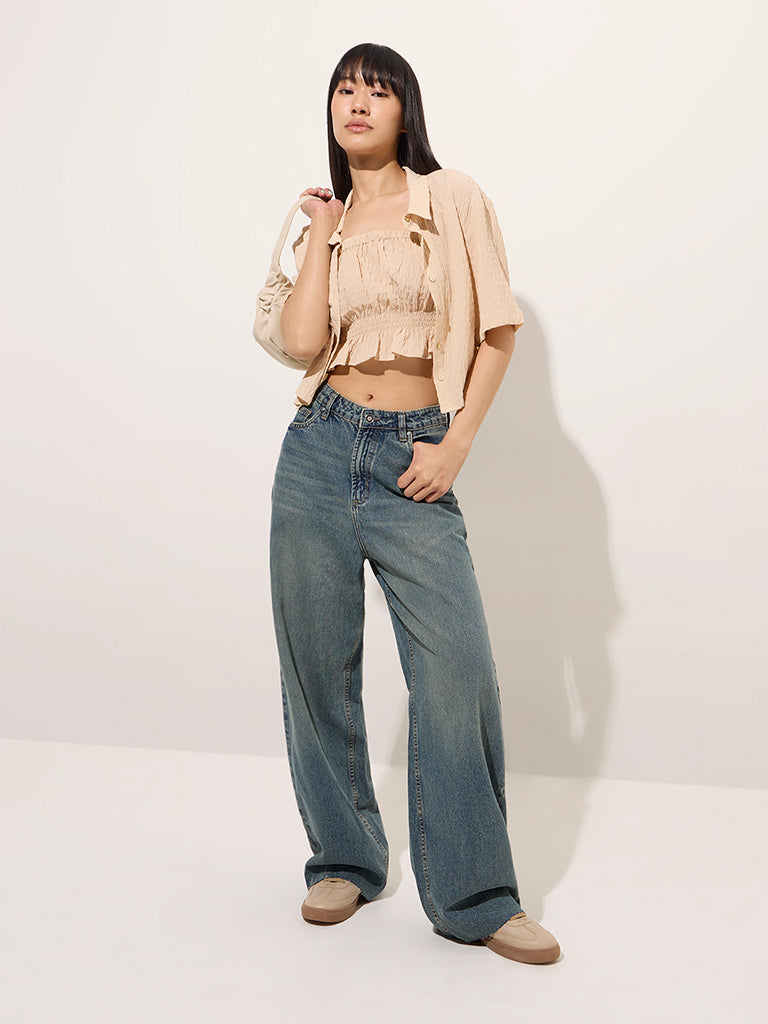 Nuon Beige Crinkle-Textured Shirt with Camisole - Image 3