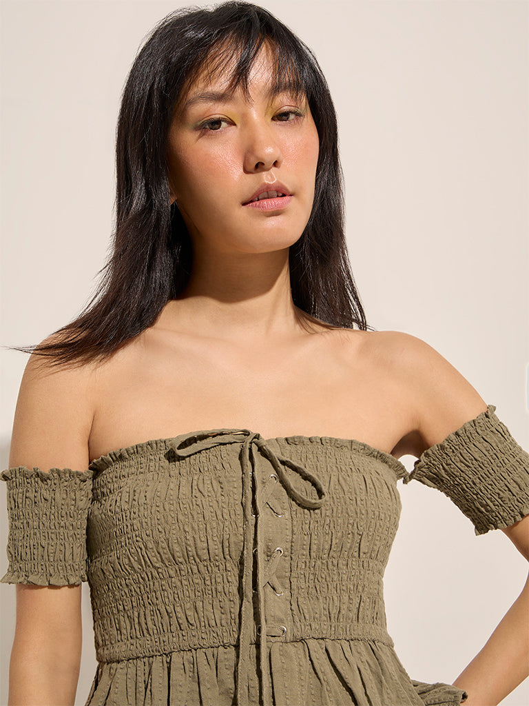 Nuon Olive Smocked Design Top - Image 2