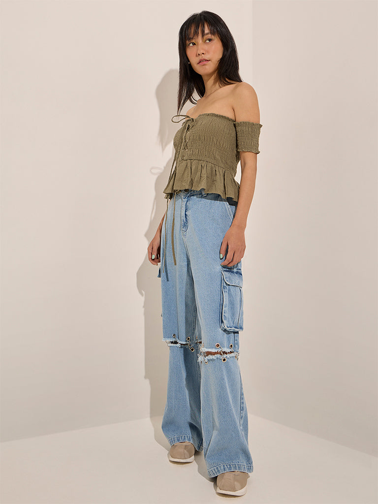 Nuon Olive Smocked Design Top - Image 3