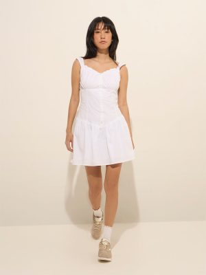 Nuon White Corset-Style Cotton A-Line Dress