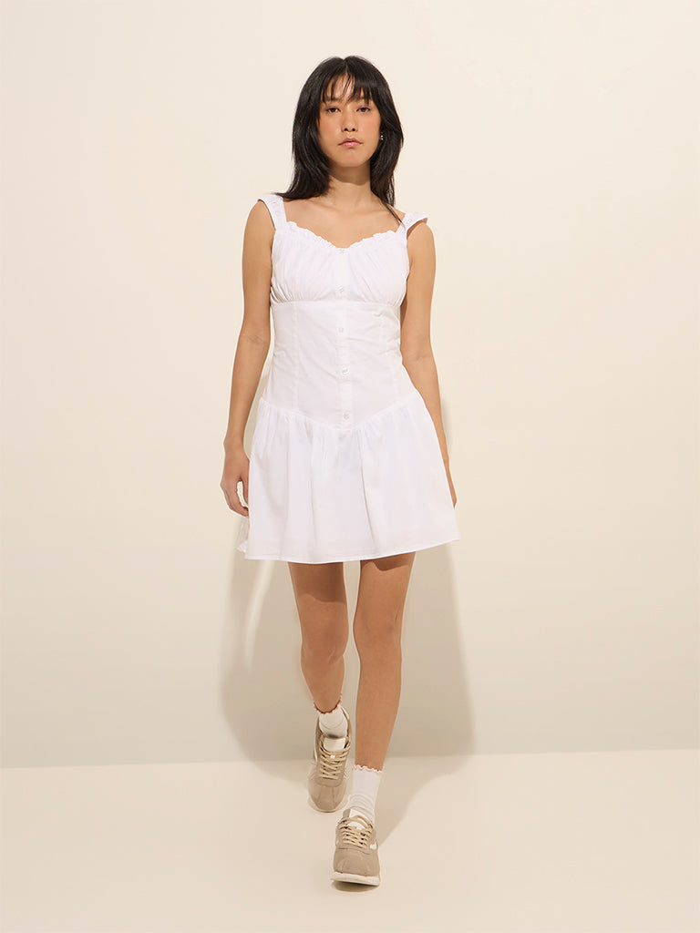 Nuon White Corset-Style Cotton A-Line Dress