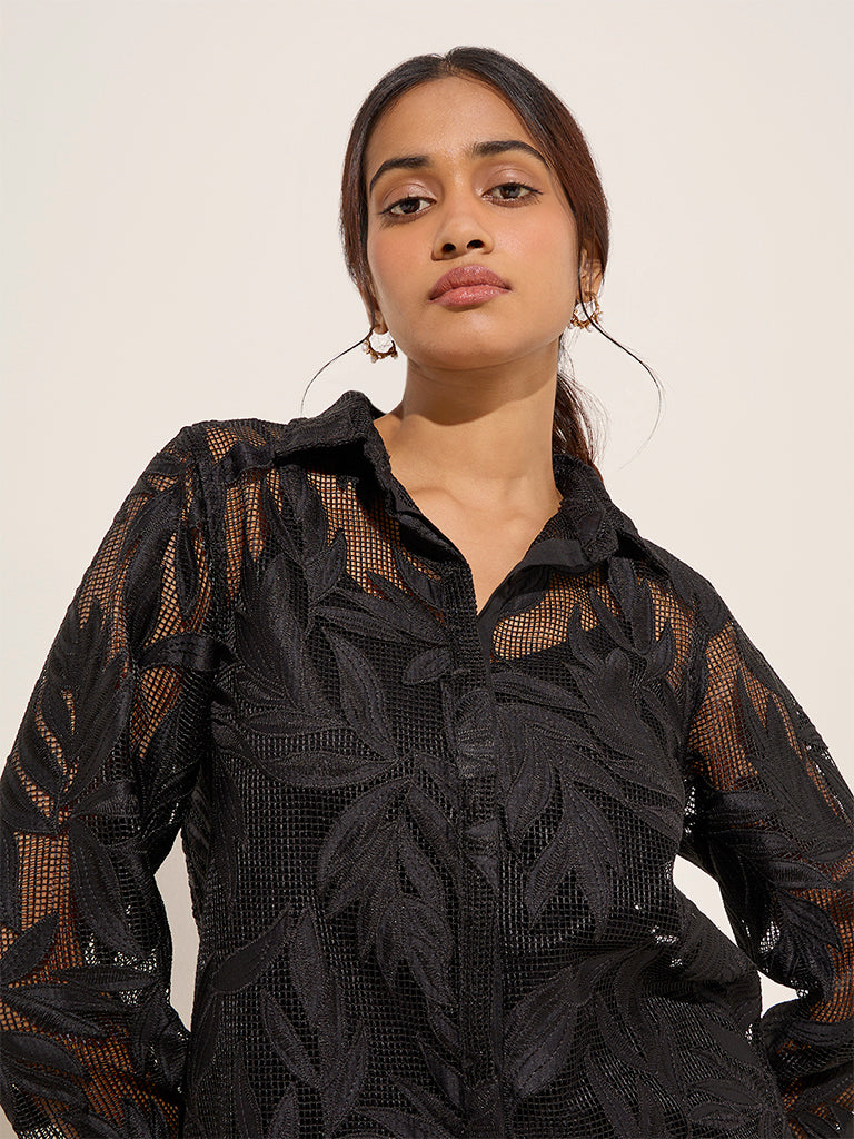 LOV Black Leaf Detailed Lace Shirt - Image 2