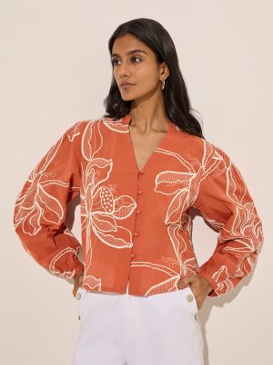 LOV Orange Floral Embroidered Cotton Top