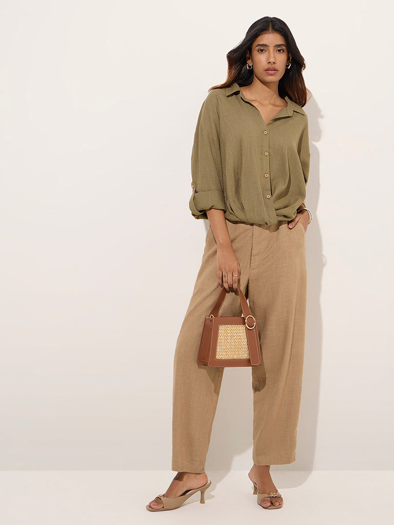 LOV Khaki Knot-Design Linen-Blend Shirt - Image 3
