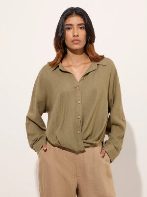 LOV Khaki Knot-Design Linen-Blend Shirt