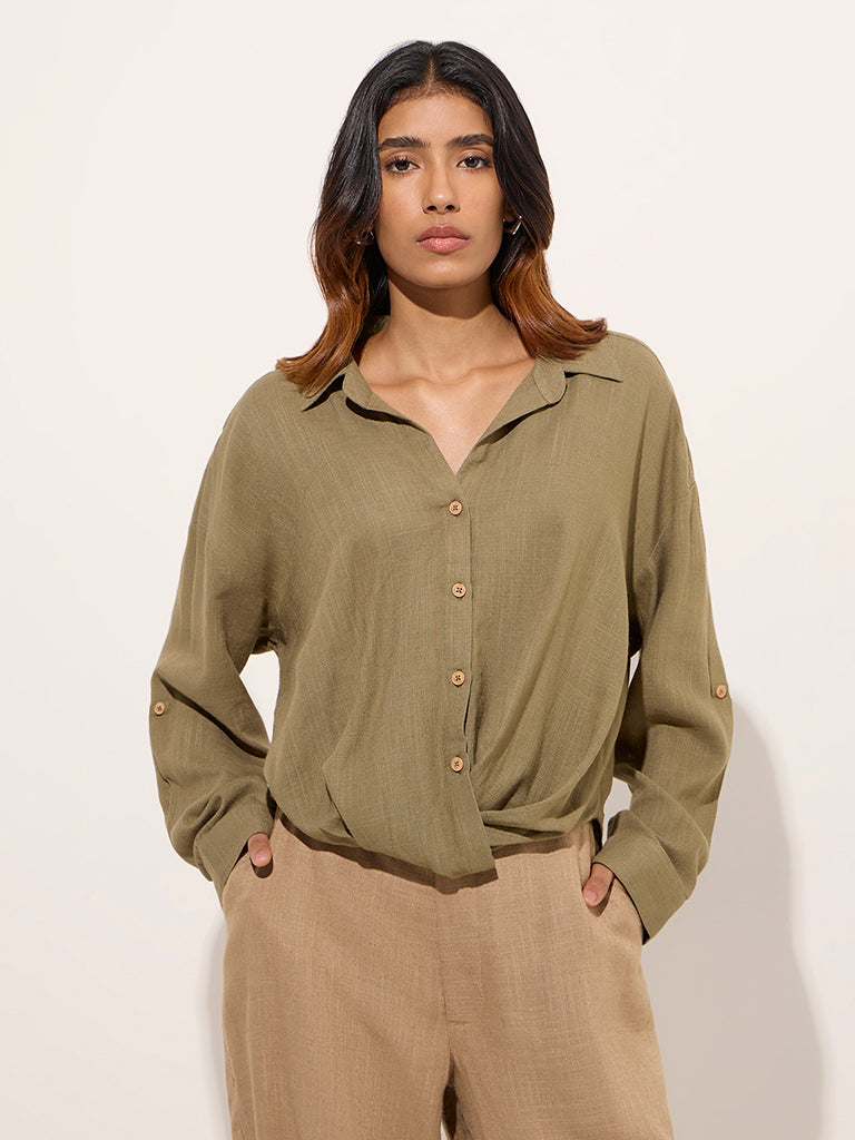 LOV Khaki Knot-Design Linen-Blend Shirt