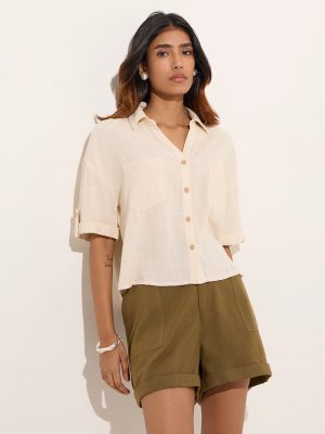LOV Off-White Solid Linen-Blend Shirt