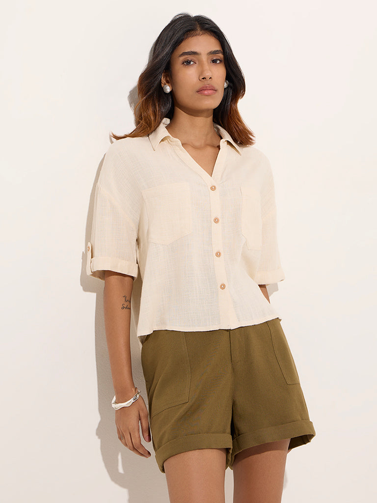 LOV Off-White Solid Linen-Blend Shirt