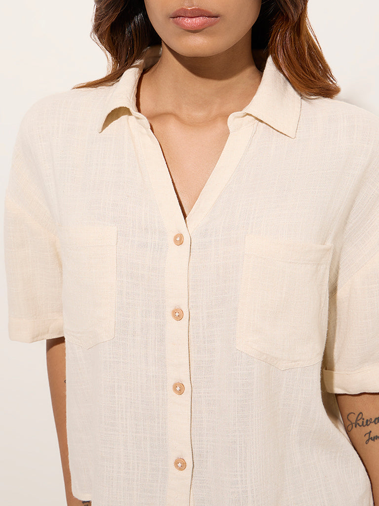 LOV Off-White Solid Linen-Blend Shirt - Image 3
