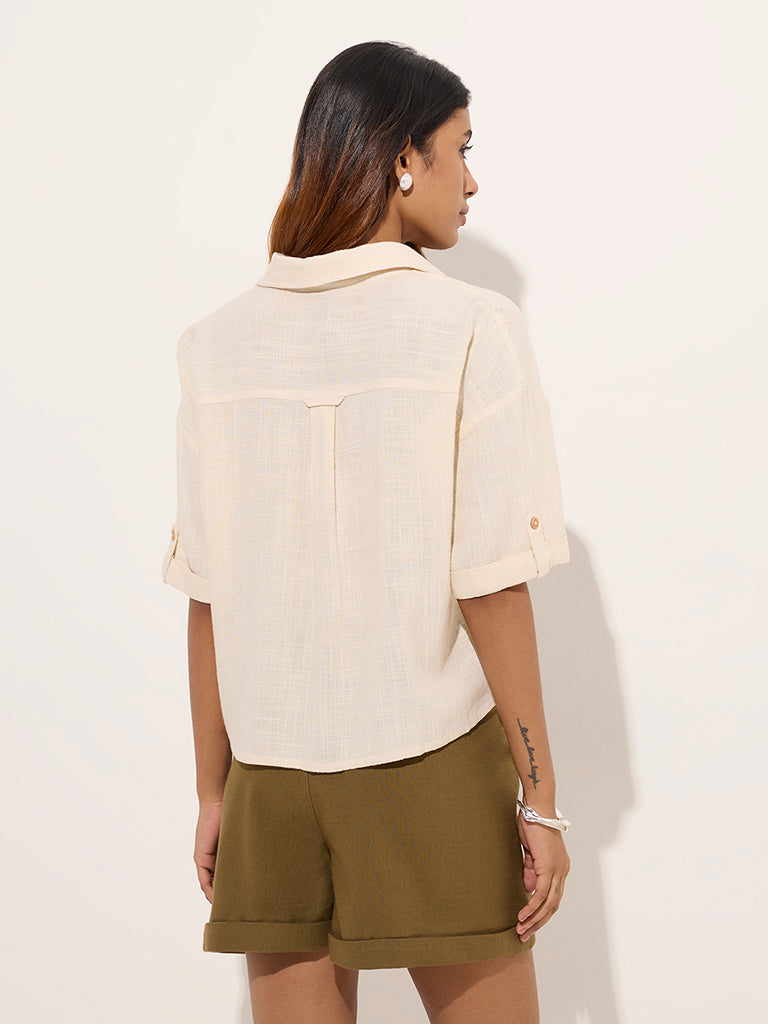 LOV Off-White Solid Linen-Blend Shirt - Image 5