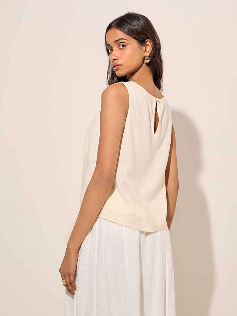 LOV Off-White Solid Linen-Blend Blouse - Image 4