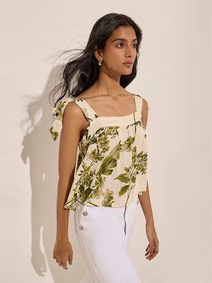 LOV Beige Botanical Printed Linen-Blend Top