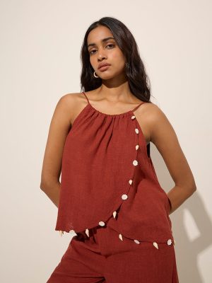 LOV Rust Wrap-Style Linen-Blend Top