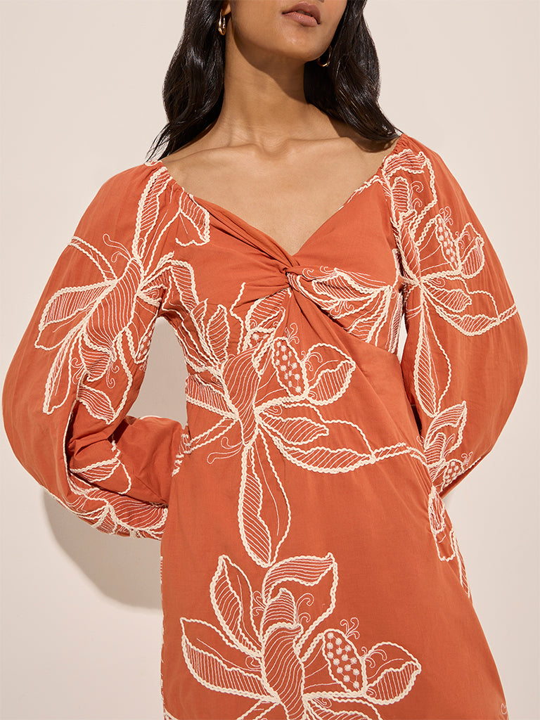 LOV Orange Floral Embroidered Cotton A-Line Dress - Image 2