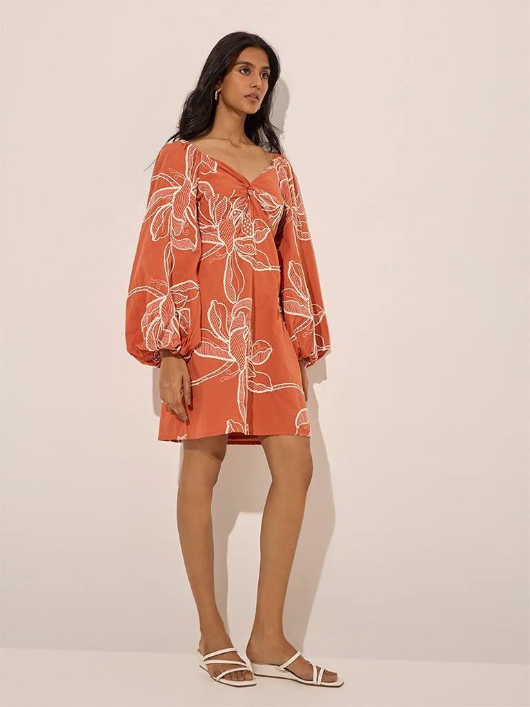 LOV Orange Floral Embroidered Cotton A-Line Dress - Image 3