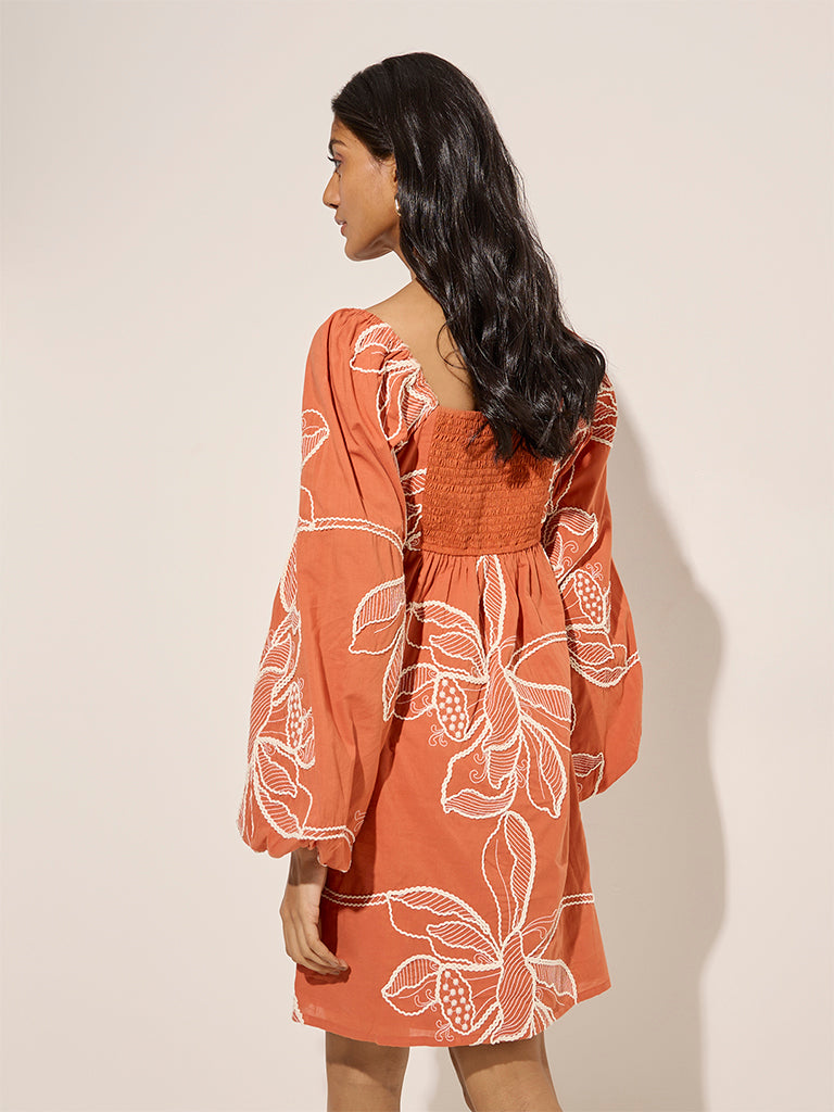 LOV Orange Floral Embroidered Cotton A-Line Dress - Image 4