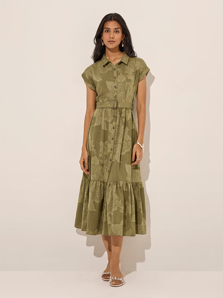 LOV Olive Tiered Shirt Dress with Belt