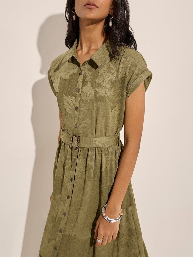 LOV Olive Tiered Shirt Dress with Belt - Image 2