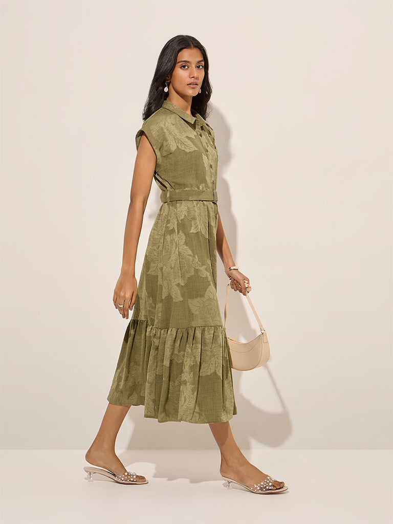 LOV Olive Tiered Shirt Dress with Belt - Image 4