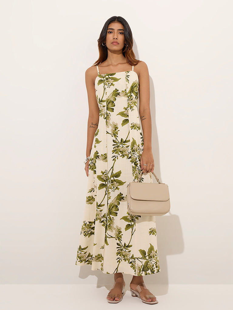 LOV Off-White Botanical Printed Linen-Blend A-Line Dress
