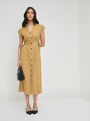LOV Mustard Solid Linen-Blend Shirt Dress