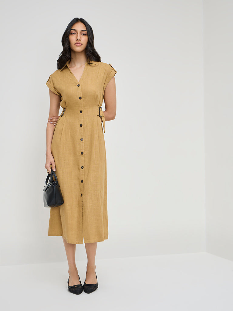 LOV Mustard Solid Linen-Blend Shirt Dress