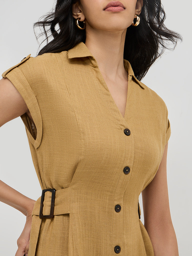 LOV Mustard Solid Linen-Blend Shirt Dress - Image 3