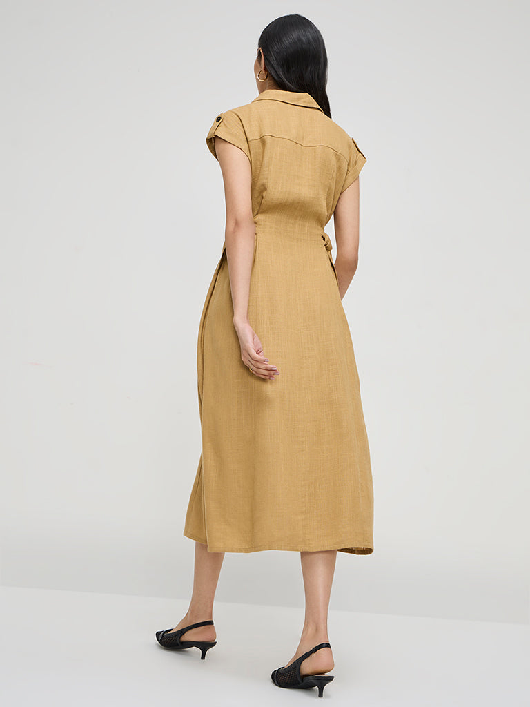 LOV Mustard Solid Linen-Blend Shirt Dress - Image 5